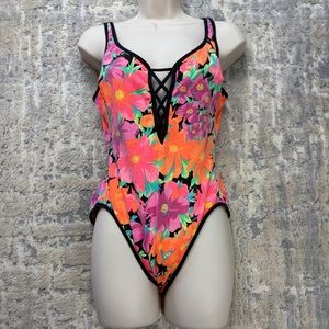 Vintage La Blanca One Piece Neon Floral Bathing Suit  1990s